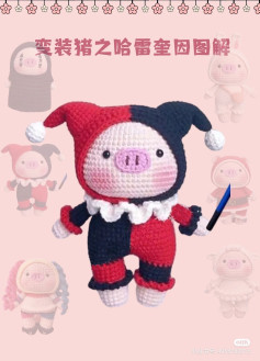 Crochet Pattern: Cute Pig in Harlequin Costume