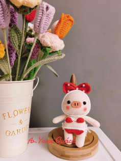 Crochet Pig in Swimsuit with Colorful Flowers
