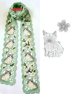 Crochet Scarf Pattern with Cats and Flowers Design