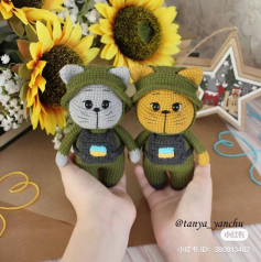 Crochet Soldier Cats Pattern with Sunflower Background