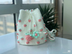 Crochet Strawberry Design Drawstring Bag Pattern Tutorial