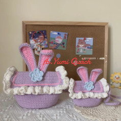 Cute Bunny Crochet Basket with Fluffy Edges and Floral Accent