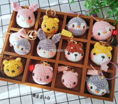 Cute Crochet Animal Keychains Collection in Wooden Display Box