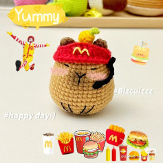 Cute Crochet Cat in Fast Food Uniform with Happy Expression