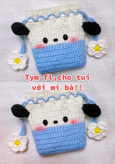 Cute Crochet Drawstring Bag with Bear Ears and Flower Charm