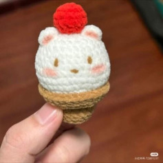Cute Crochet Ice Cream Cone with Bear Face and Cherry Top