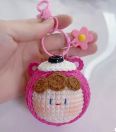 Cute Crochet Keychain with Pink Flower and Character Face