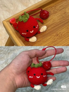 Cute Crochet Tomato Keychain with Green Leaves and Red Heart