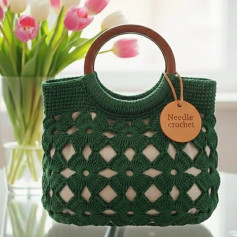 Elegant Crochet Handbag with Floral Design and Wooden Handles