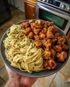 Frango Glaceado Agridoce com Espaguete de Ervas