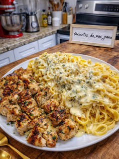 Linguine Cremoso de Frango com Três Queijos e Alho