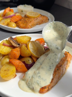 Mediterranean Baked Salmon with Lemon Dill Mustard Delight