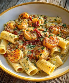 Rigatoni Cremoso com Camarões e Tomates Secos