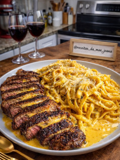 Tiras de Bife Suculentas com Linguine Cremoso de Queijo Picante