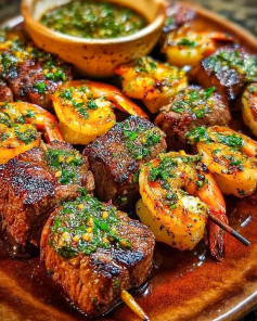 Xiên Bò Thăn Tôm Nướng Sốt Chimichurri Thảo Mộc