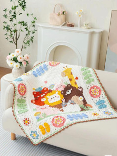 Charming Animal Crochet Blanket with Colorful Floral Borders