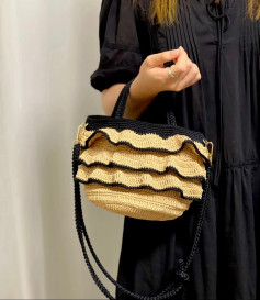 Chic Crochet Bag with Black and Beige Ruffle Design