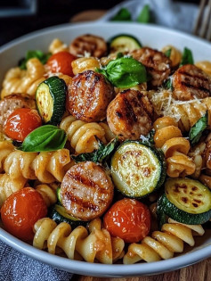 CHICKEN SAUSAGES WITH ZUCCHINI, TOMATOES & PASTA