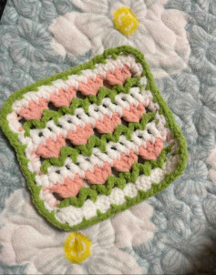 Colorful Crochet Square with Green, Pink, and White Stripes