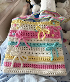 Colorful Crochet Tote Bag with Bow Decorations