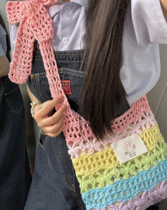 Colorful Crochet Tote Bag with Bow Strap Design