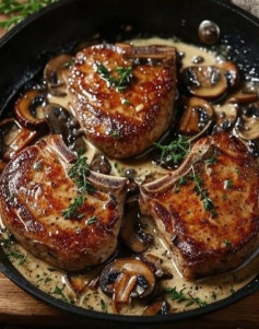 Creamy Mushroom Pork Chops with Garlic and Thyme Sauce