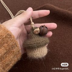 Crochet Acorn Keychain with Bell and Flower Decoration