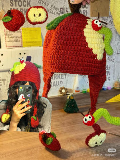 Crochet Apple Hat with Cute Worm Design for Kids