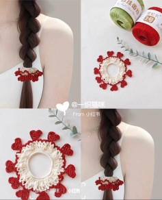 Crochet Hair Tie with Red Heart Pattern Design
