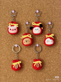 Cute Crochet Animal Keychains with Red Bags and Yellow Bows