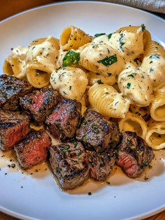 GARLIC BUTTER STEAK BITES & Jalapeño ranch CHEDDAR SHELLS