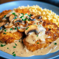 Golden Crunch Chicken in Creamy ParmesanMushroom Sauce