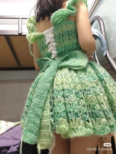 Green Crochet Dress with Ruffle Details and Bow Accent