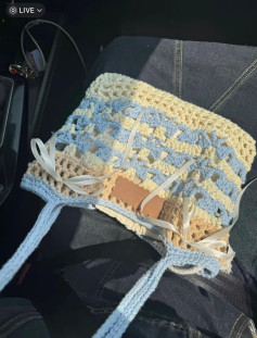 Handmade Crochet Bag with Pastel Blue and Cream Stripes