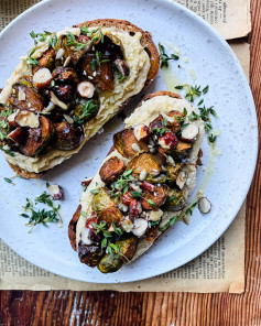 Maple-Glazed Sprout Toast with Caramelised Leek Hummus