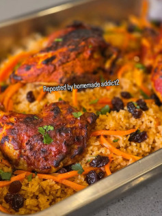 Spiced Chicken Bukhari Rice with Carrot and Raisin Garnish