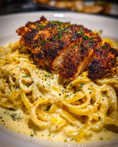 Spicy blackened chicken paired with Creamy Parmesan-Garlic Linguine