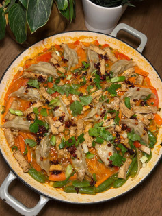 Spicy Thai Red Curry Noodles with Tofu and Gyozas