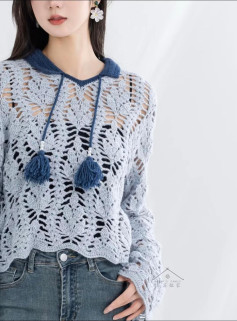 Stylish Crochet Sweater with Leaf Pattern and Tassel Detail