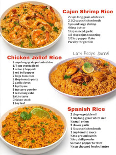 Three different red rice recipes with distinct flavors.