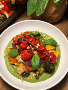 Vibrant Tofu and Roasted Veggie Basil Bowl