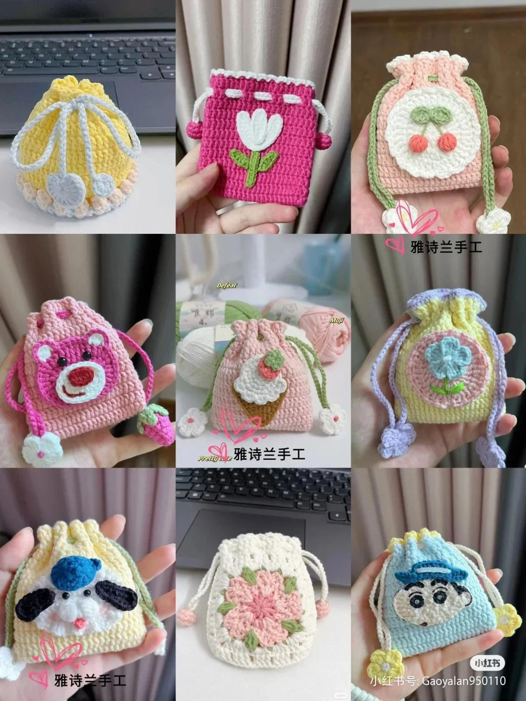 18 Cute Crochet Drawstring Bag Patterns: Characters, Flowers & Food