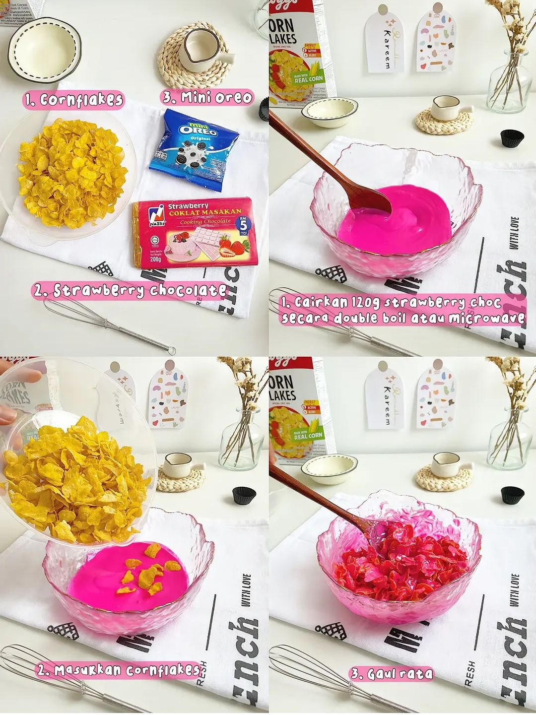 3 Ideas Cornflakes Raya: No Bake No Mixer Dessert with Matcha and Black Pink Variations