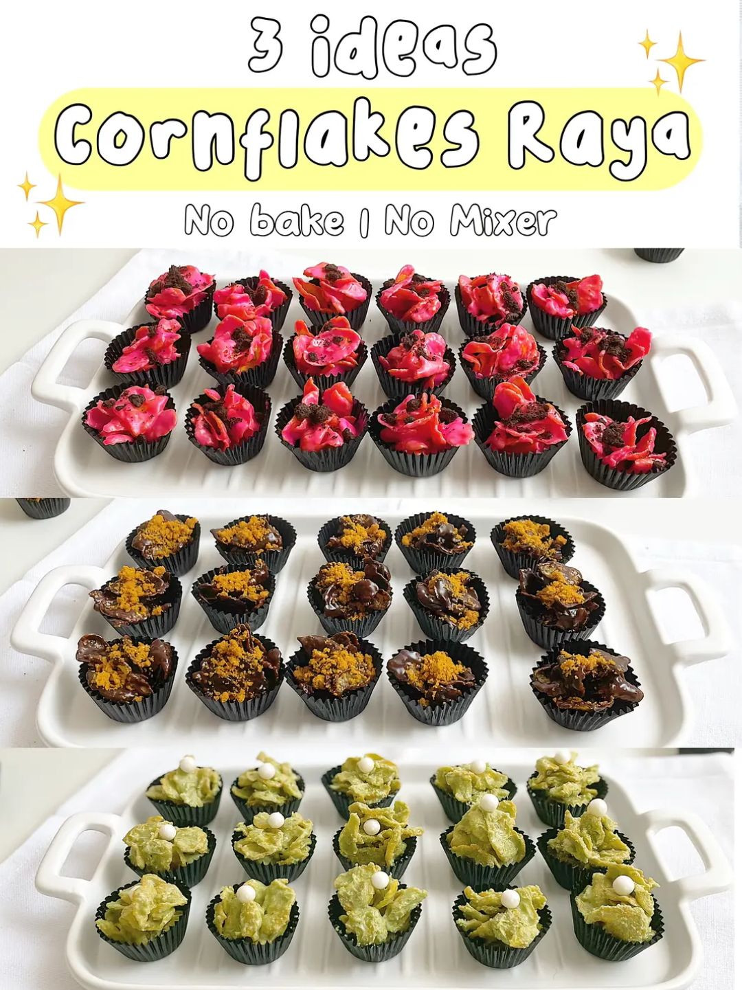 3 Ideas Cornflakes Raya: No Bake No Mixer Dessert with Matcha and Black Pink Variations