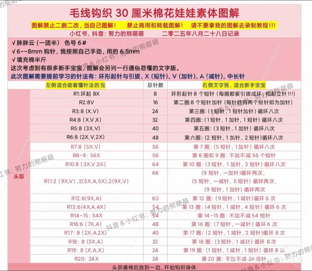 30cm Cotton Doll Crochet Pattern Chart with Plush Yarn