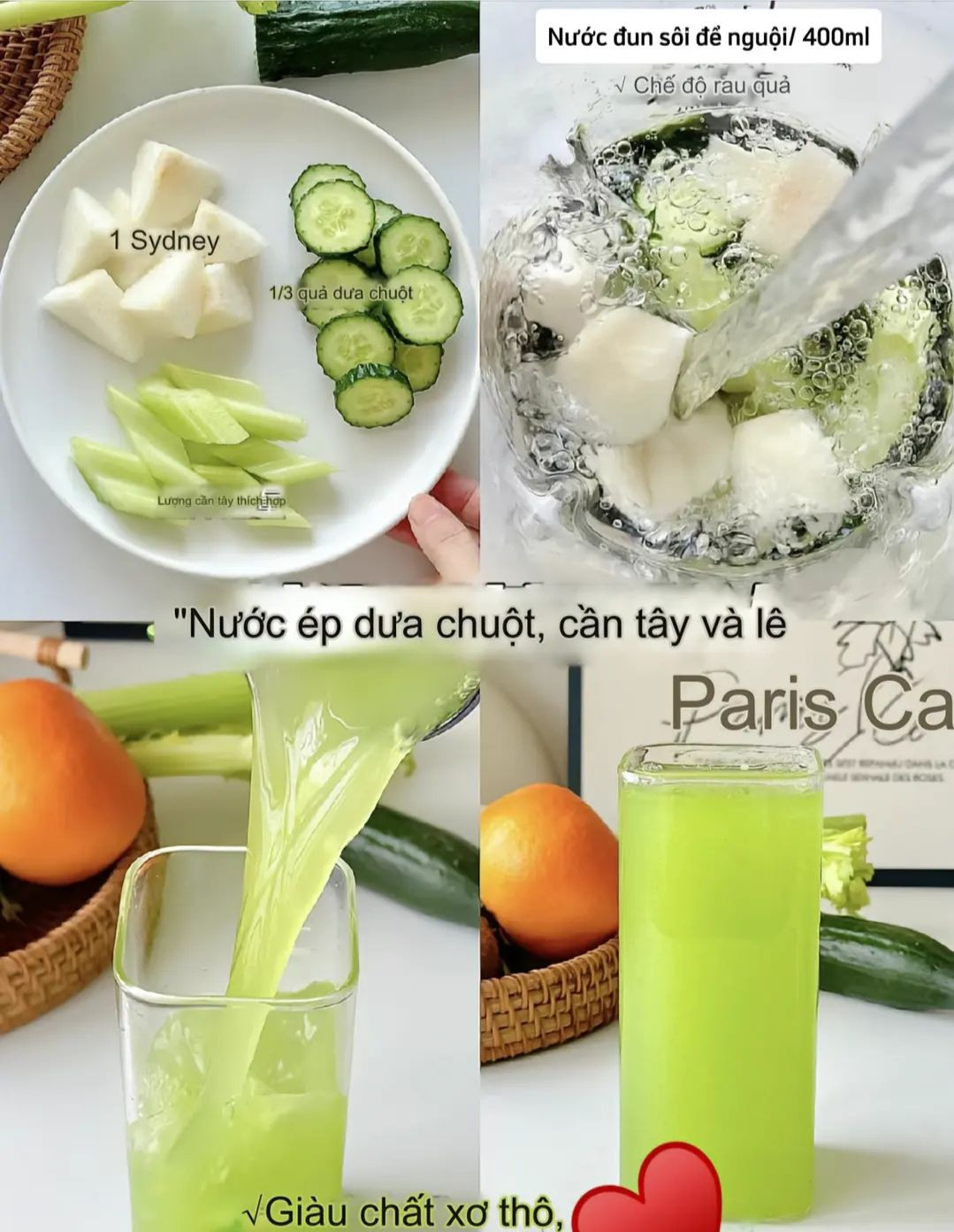 4 loại nước ép trái cây xanh tốt cho sức khỏe: dưa chuột, chuối, lê, cam, táo và kiwi