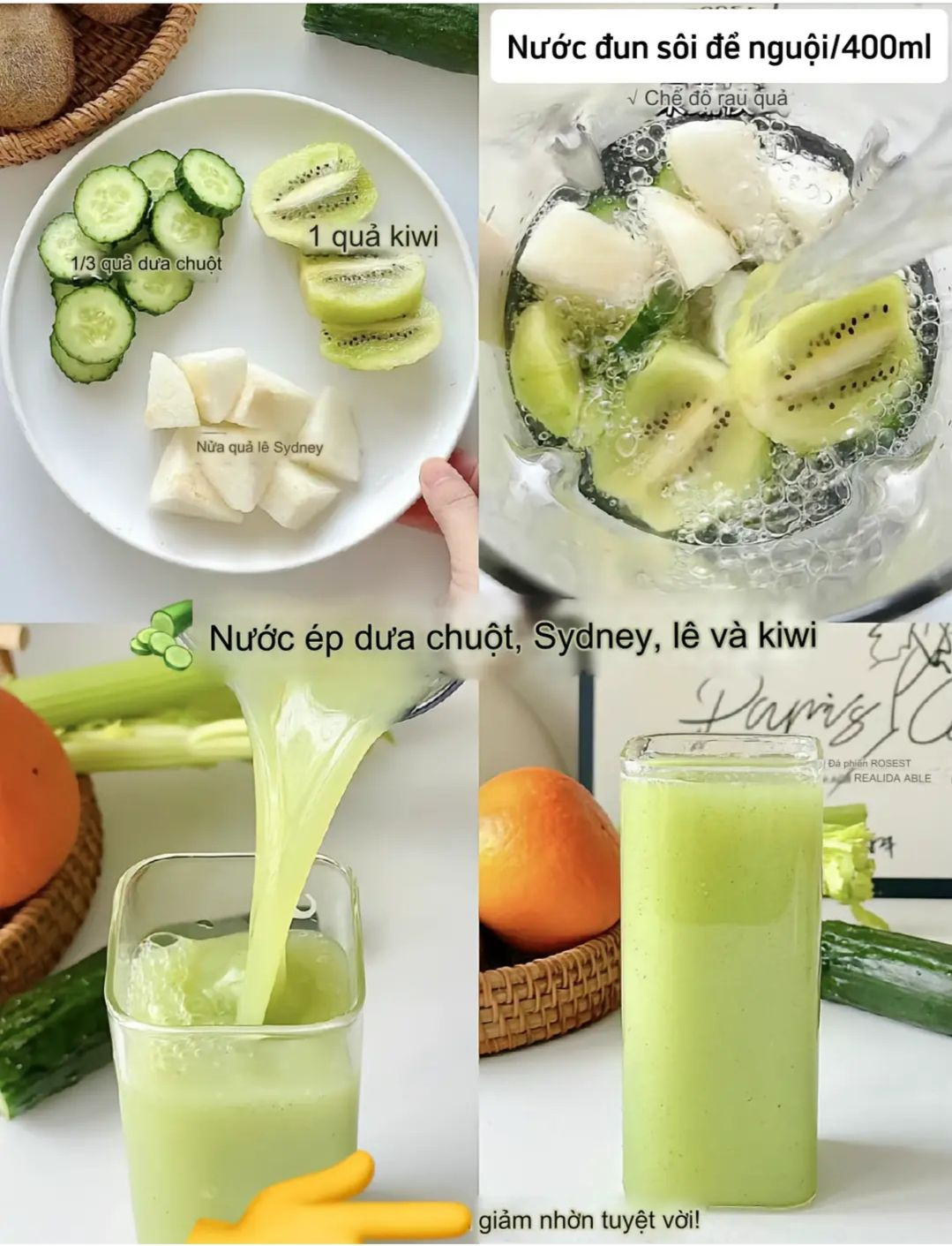 4 loại nước ép trái cây xanh tốt cho sức khỏe: dưa chuột, chuối, lê, cam, táo và kiwi