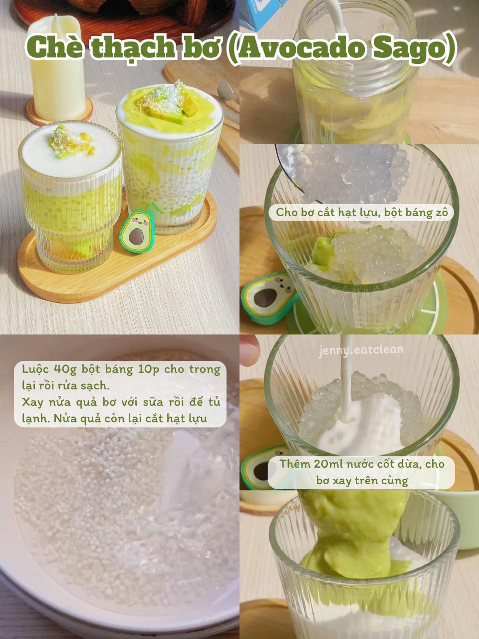 4 món tráng miệng thanh mát ít calo: Chè thạch sữa, Bơ bột báng, Xoài bột báng và Bingsu healthy