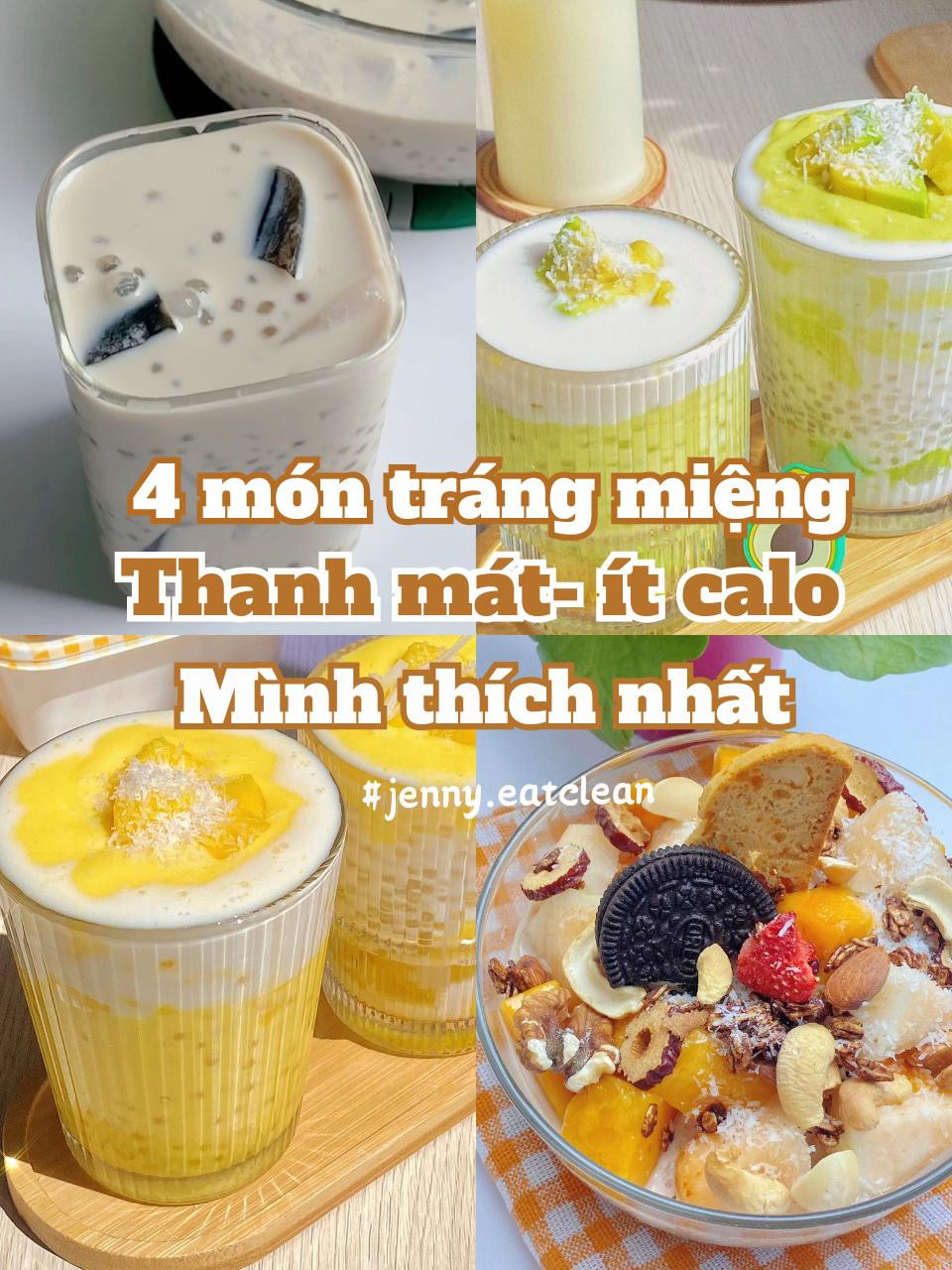 4 món tráng miệng thanh mát ít calo: Chè thạch sữa, Bơ bột báng, Xoài bột báng và Bingsu healthy