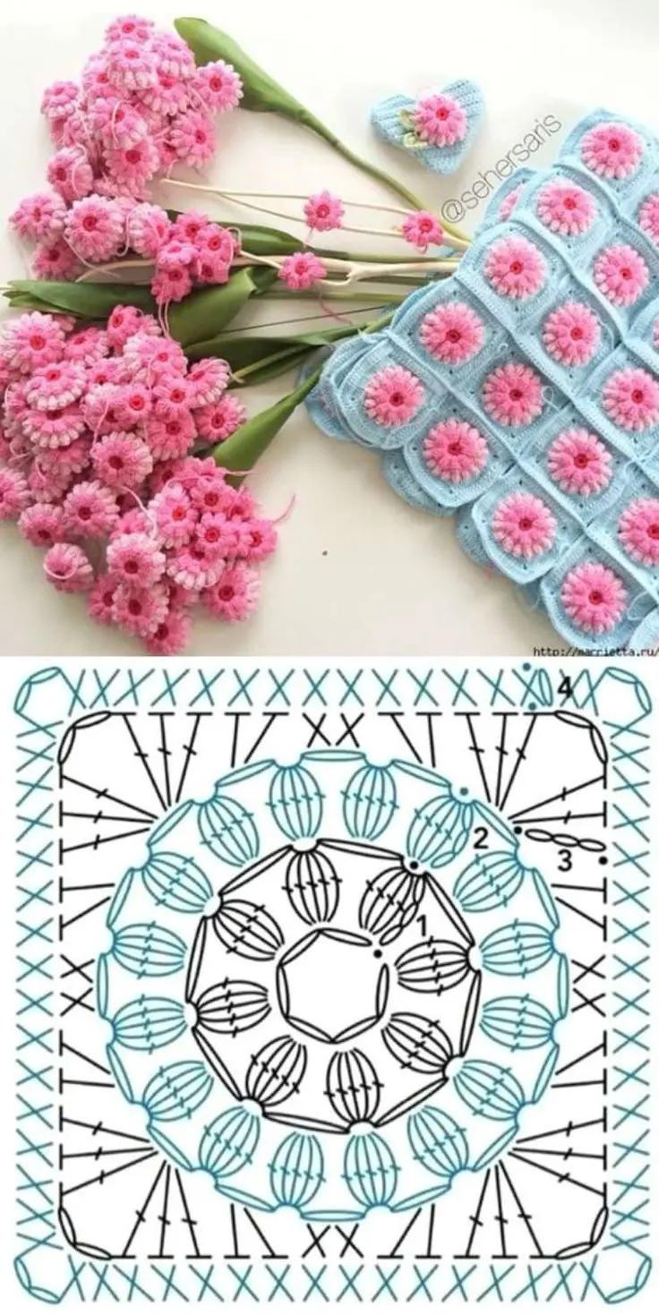 5 Beautiful Crochet Granny Square Patterns and Charts with Floral Designs